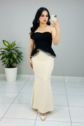 Conjunto Dos Piezas Top Negro Strapless Peplum con Perlas y Falda Sirena Crema cod.540