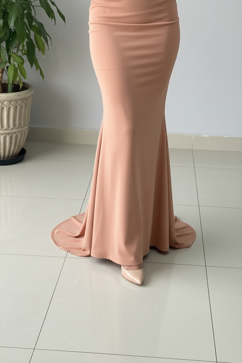 Vestido Largo Rosa Palo Escote V Cruzado Manga Larga Sirena con Cola cod.473