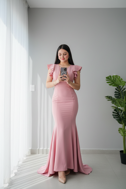 Vestido Pink Butterfly Sirena – Gown Rosa Mangas Mariposa Doble Capa con Cola cod.691