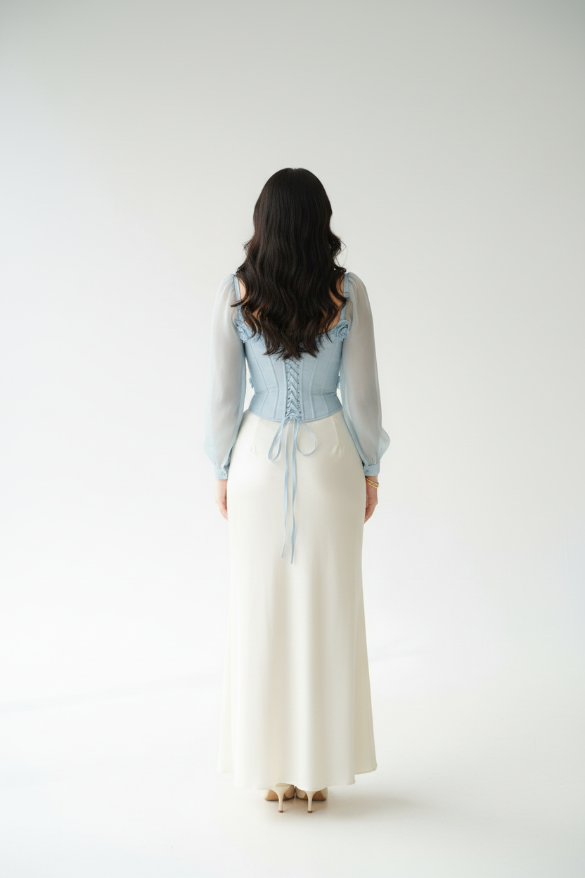 Conjunto Elegante: Corsé  Celeste con Flores 3D + Falda Blanca Sirena - Romántico cod.340