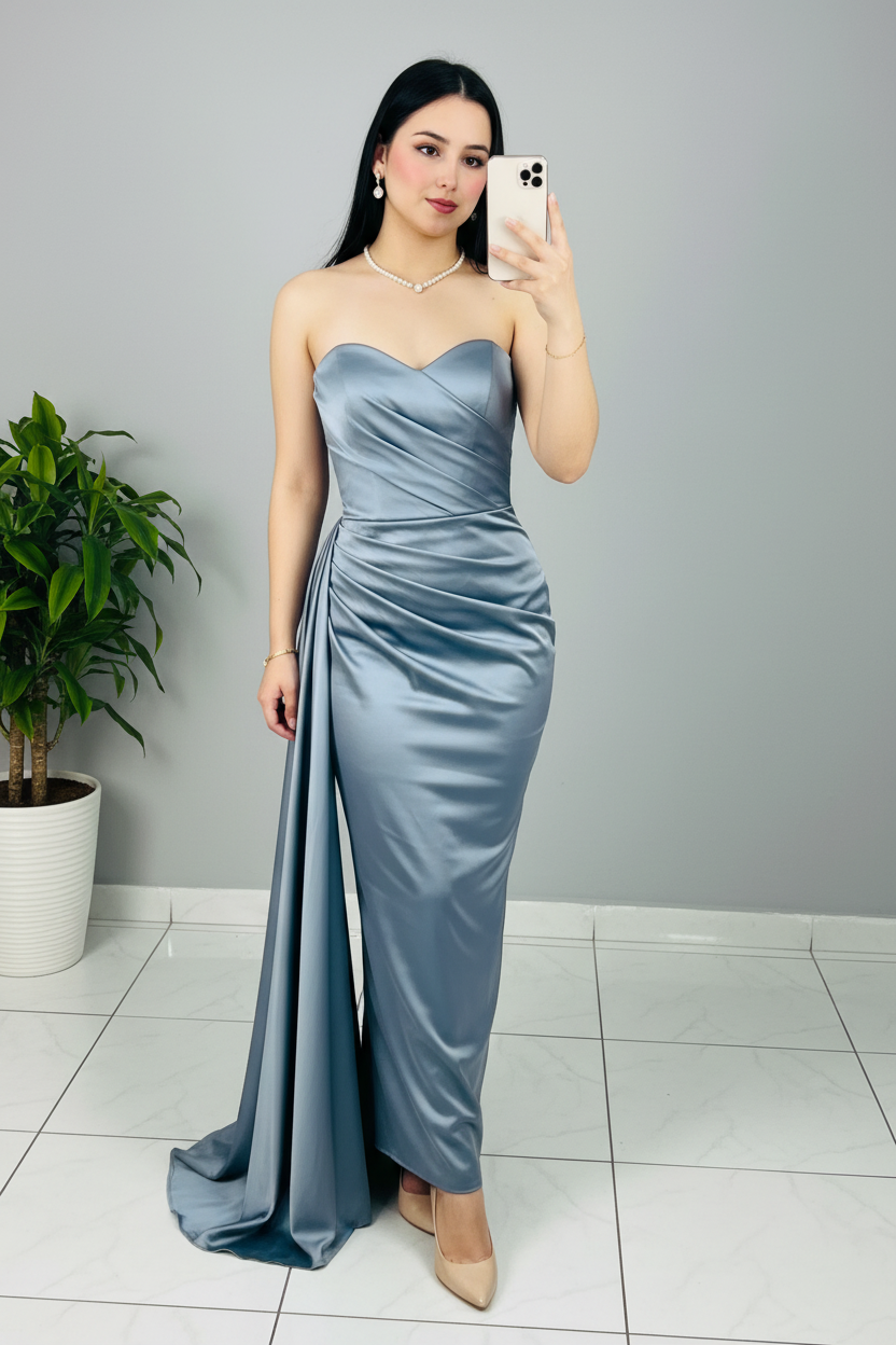 Vestido Steel Blue Sirena – Gown Gris Azulado Strapless con Cola cod.673