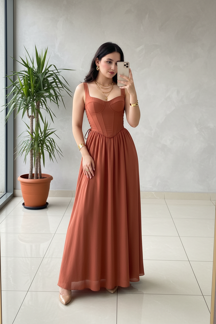 Vestido Terracota con Corsé Estructurado, Tirantes Anchos y Falda en Chifón cod.376