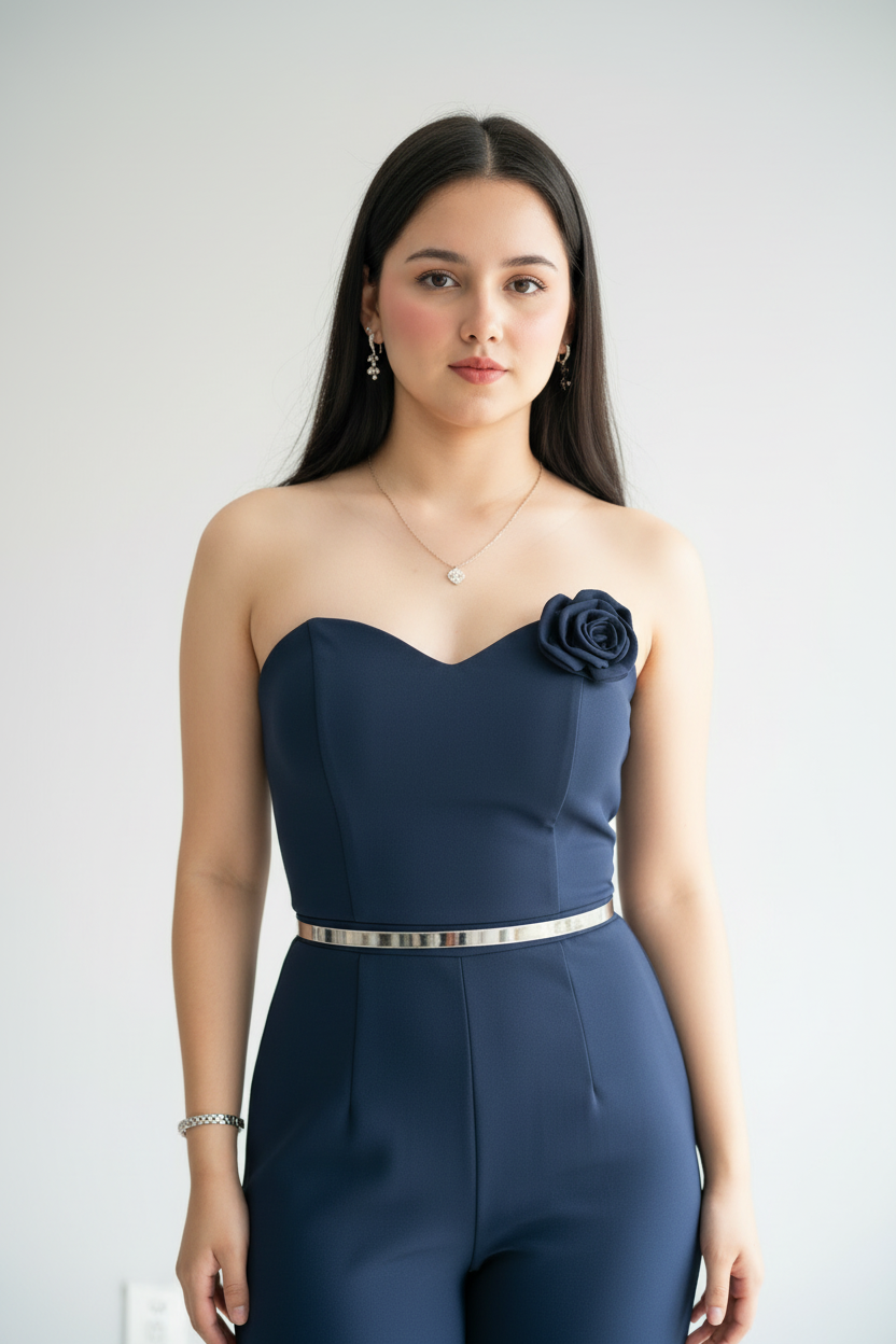 Enterizo Elegante Azul Marino Strapless con Flor. cod.300