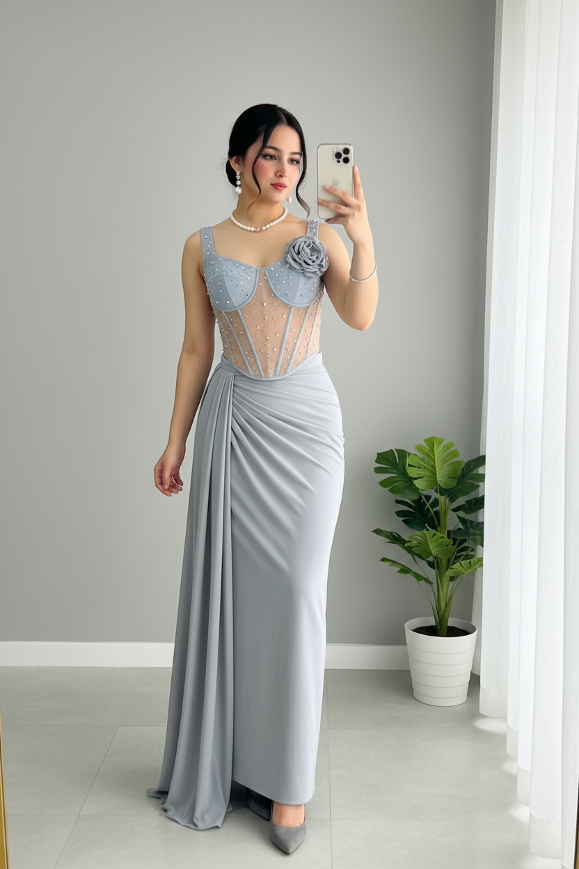 Conjunto Azul Acero Corset Illusion con Perlas Rosa 3D y Drapeado cod.813