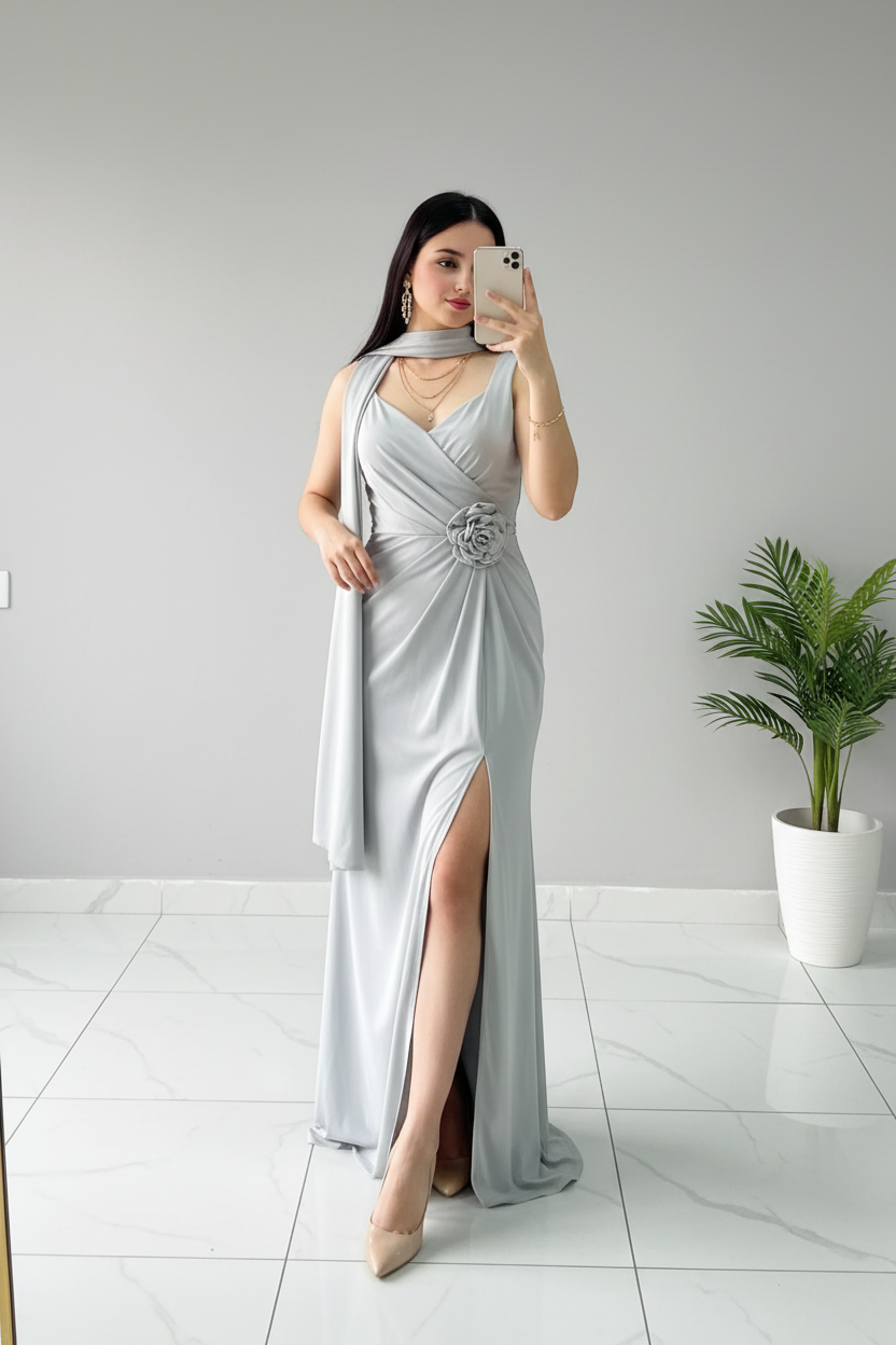 Vestido Largo Gris Plata con Rosa 3D, Chal y Abertura Lateral cod.400