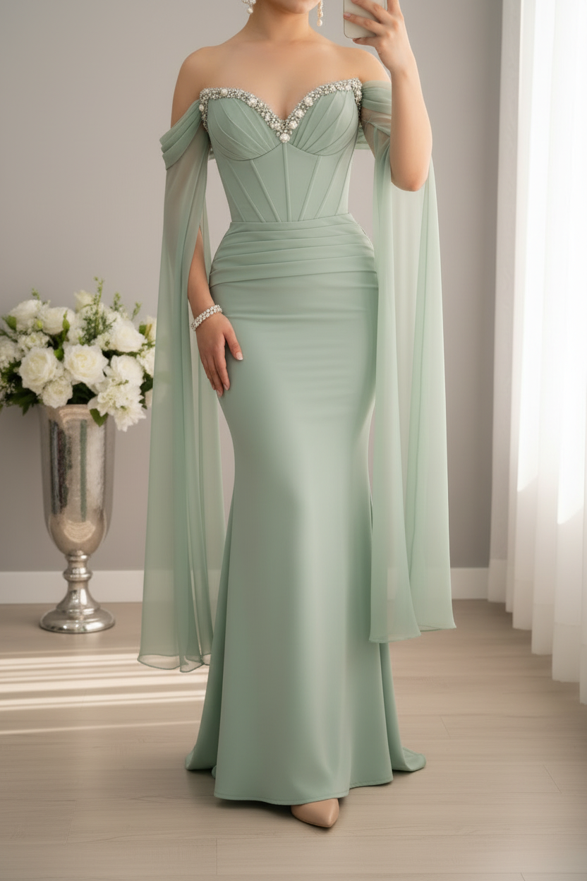 Vestido Largo Verde Agua Off-Shoulder con Capa de Chifón y Cristales cod.V955
