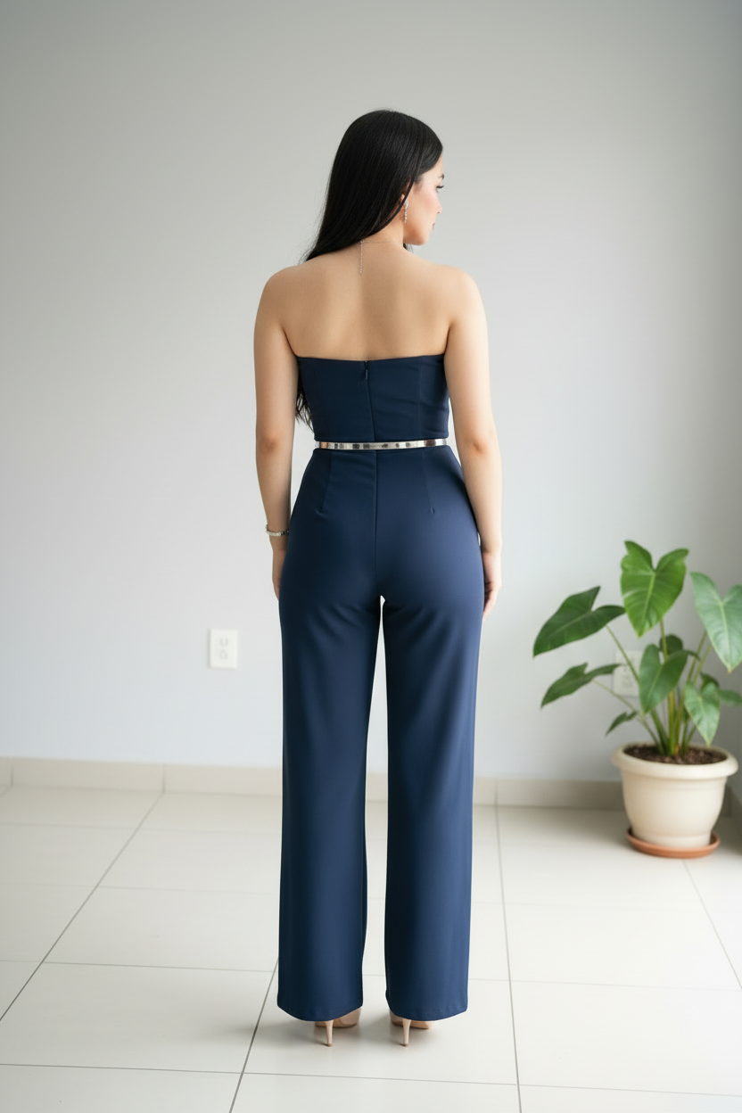 Enterizo Elegante Azul Marino Strapless con Flor. cod.300