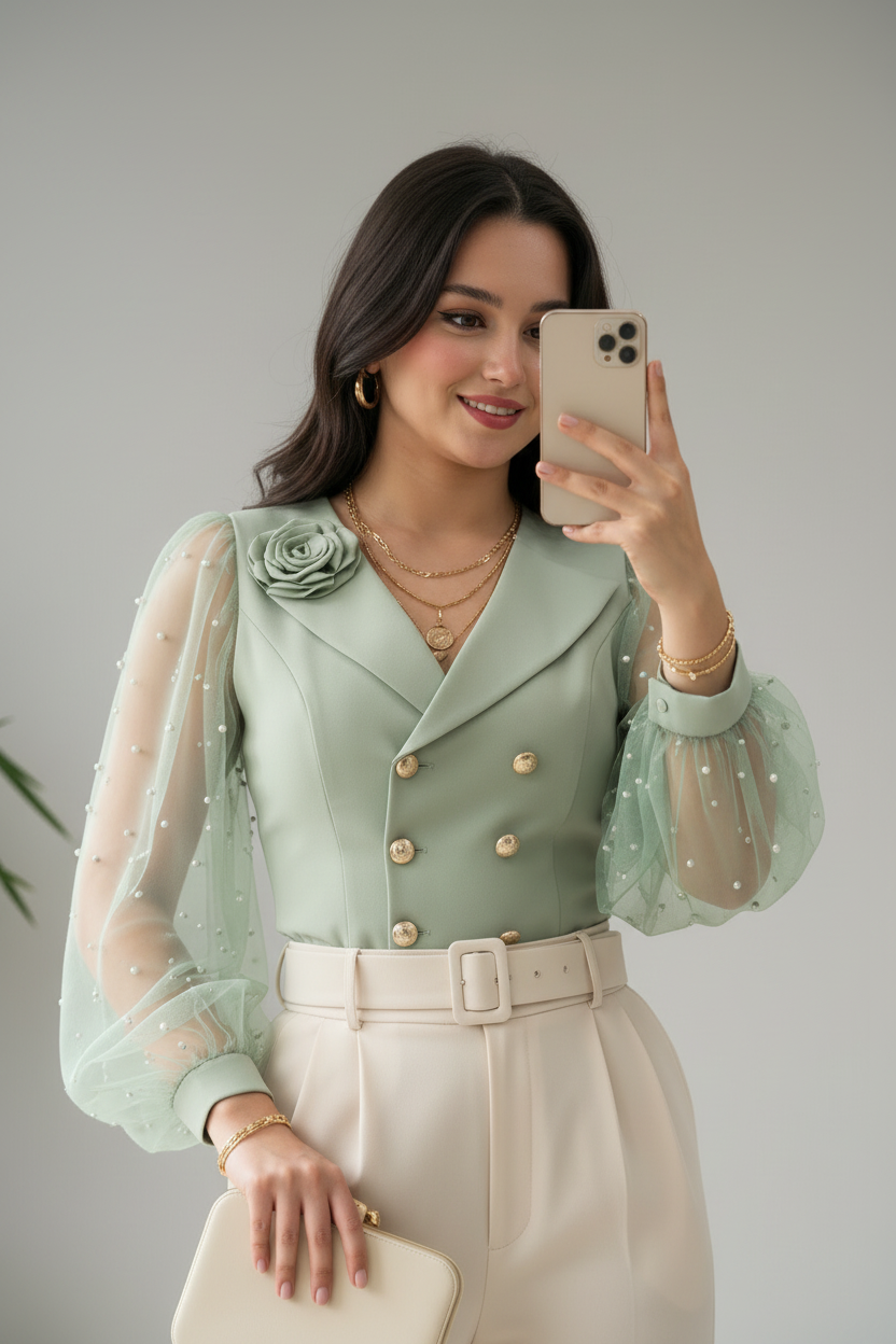 Conjunto Verde Menta y Crema: Blazer con Organza y Pantalón Palazzo cod.419