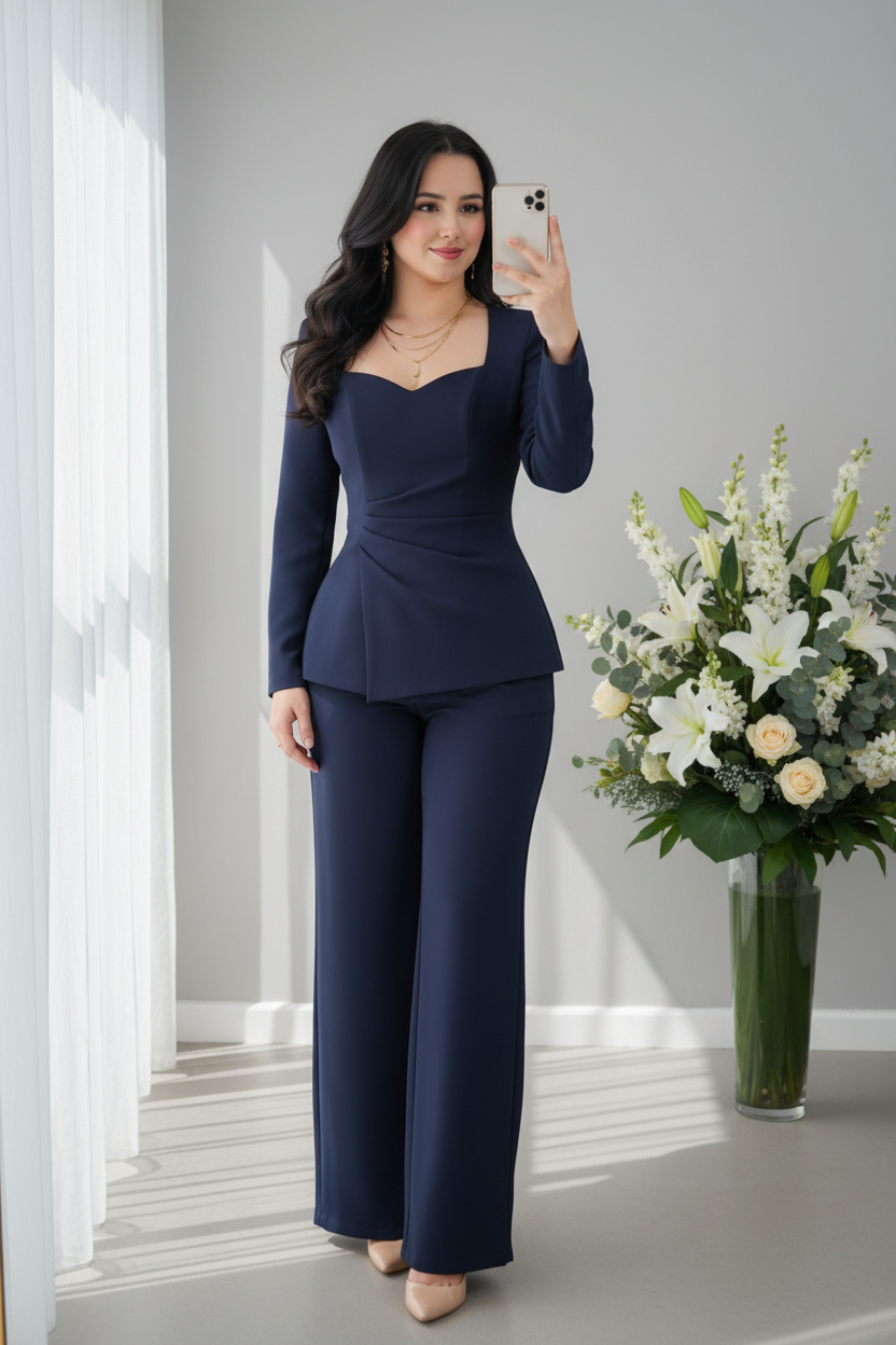 Conjunto Dos Piezas Azul Marino Escote Corazón con Pantalón Wide-Leg cod.C852