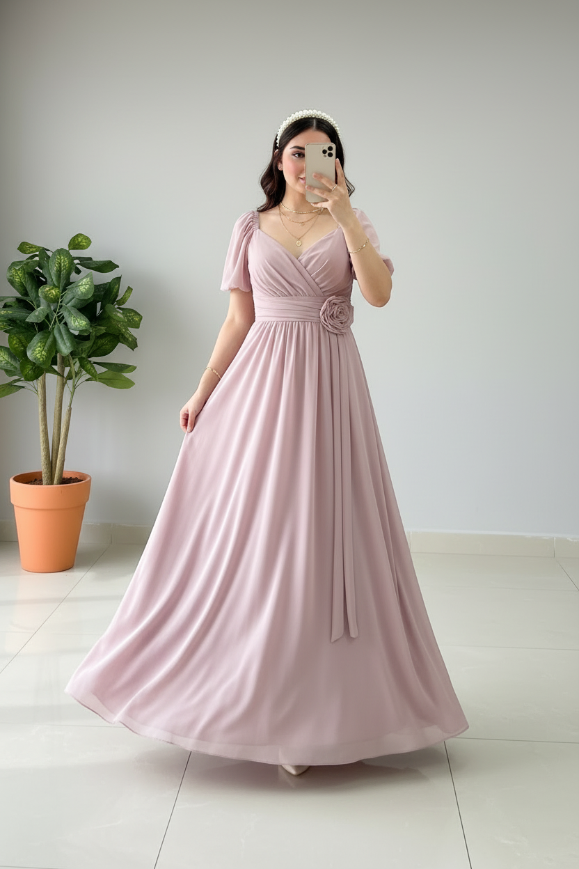 Vestido Largo Rosa Palo con Mangas Mariposa cod.404