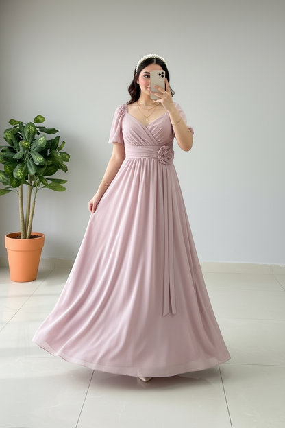 Vestido Largo Rosa Palo con Mangas Mariposa cod.404