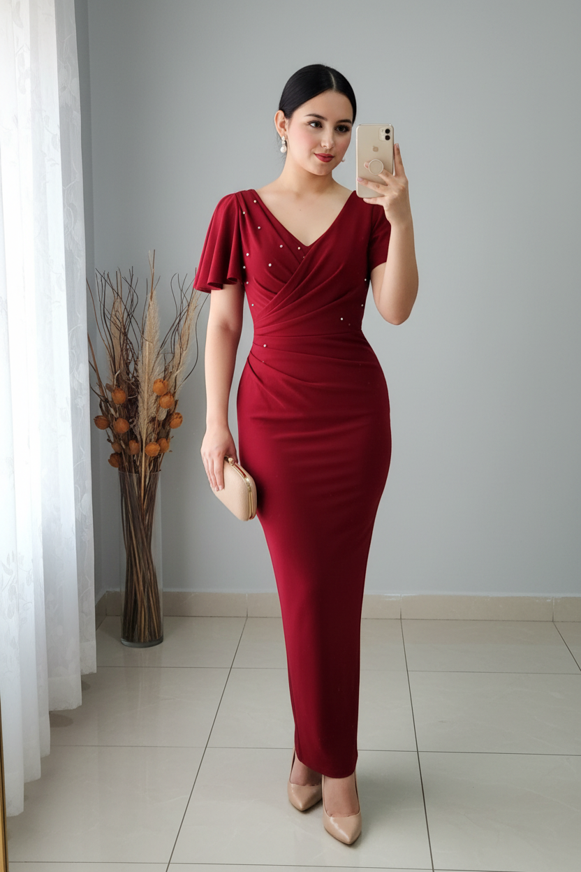 Vestido Rojo Vino Escote V Mangas Mariposa Perlas cod.V315