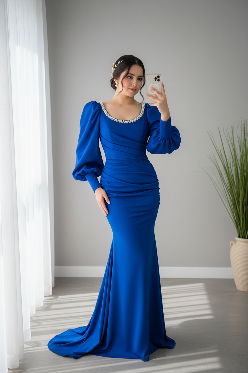 Vestido Azul Royal Manga Larga Cuello Perlas cod.0018