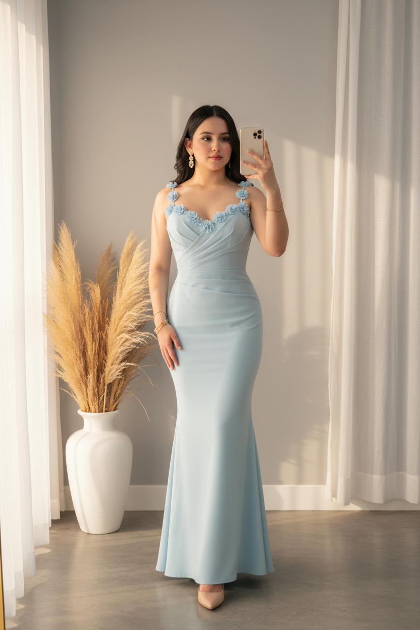 Vestido Azul Cielo Sirena Flores 3D cod.00166