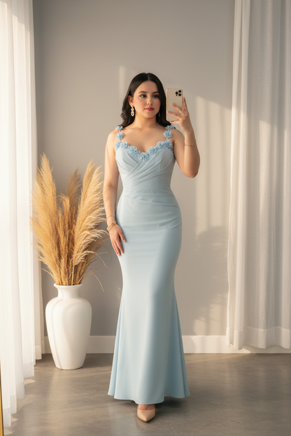 Vestido Azul Cielo Sirena Flores 3D cod.00166