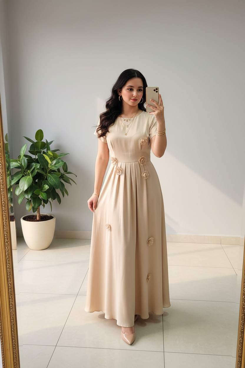 Vestido Largo Beige con Rosas 3D Dispersas cod.410