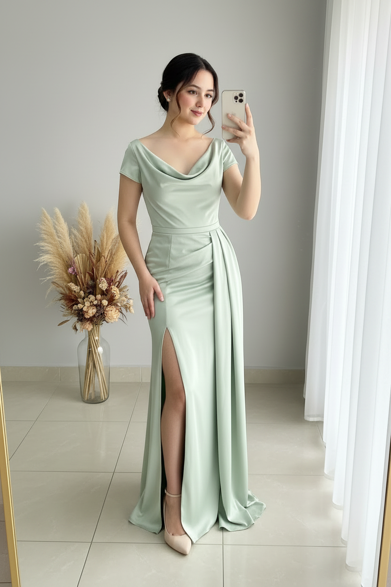 Vestido Sirena Verde Menta Drapeado | cod.V434