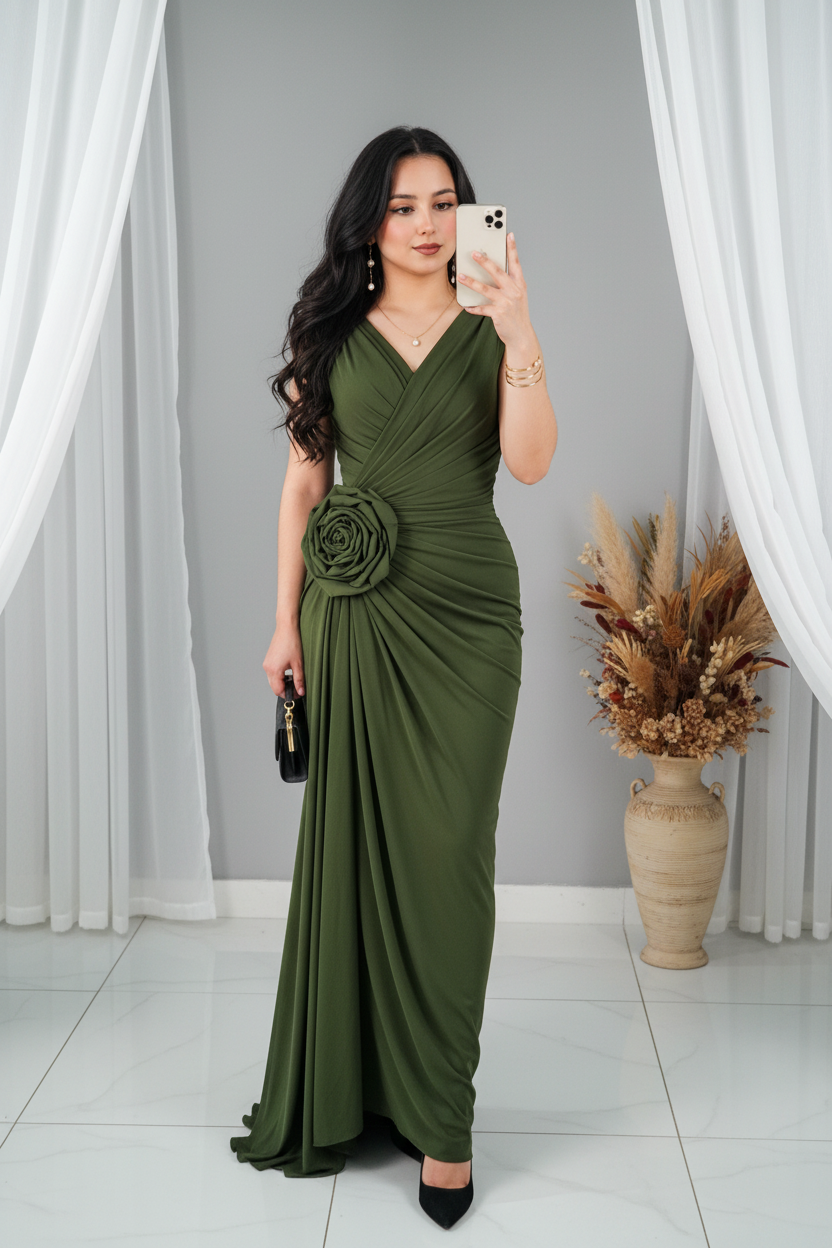 Vestido Verde Oliva Largo Sin Mangas Escote V Rosa 3D Cadera Drapeado cod.V305