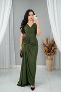 Vestido Verde Oliva Largo Sin Mangas Escote V Rosa 3D Cadera Drapeado cod.V305