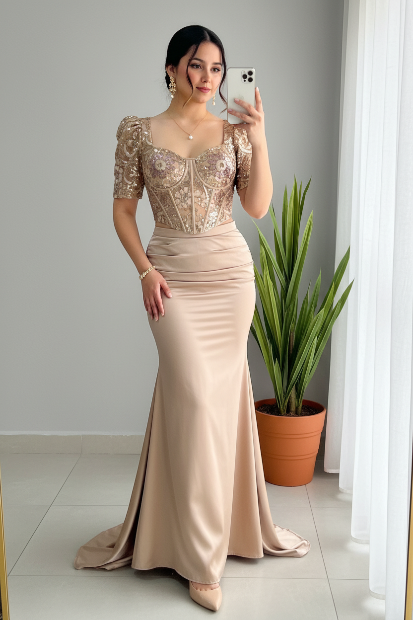 Vestido Sirena Dorado Champagne — Corset Lentejuelas, Bordado Floral & Cola cod.882
