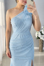 Vestido Azul Cielo Perlas Rosa | VC-006