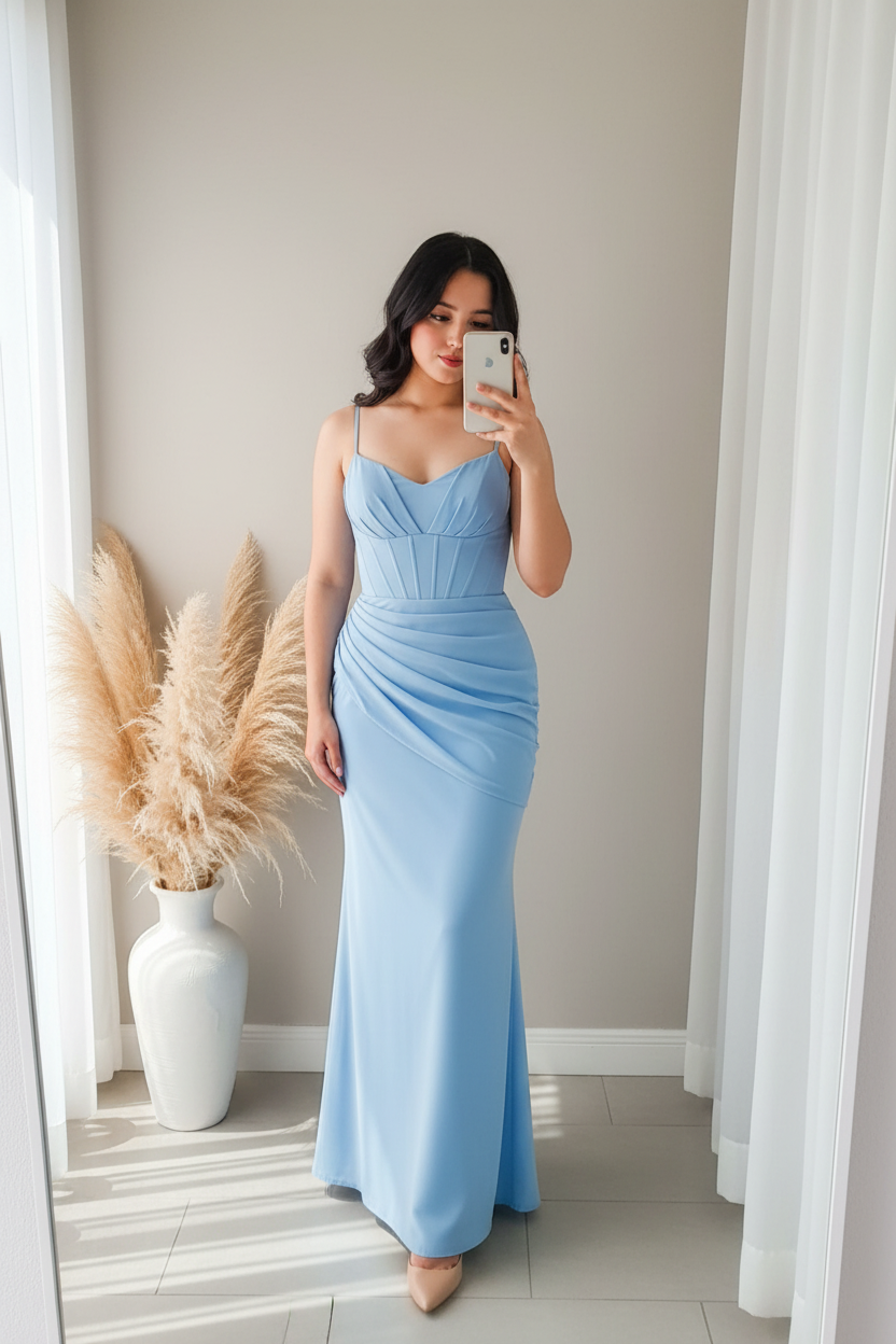 Vestido Azul Cielo Tiritas Corsé Drapeado Sirena cod.00108