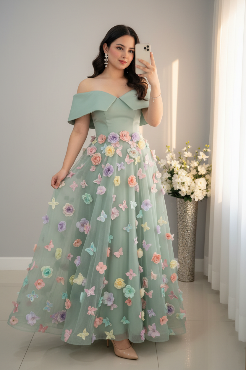 Vestido Verde Sage Ball Gown Flores y Mariposas Multicolor 3D — Gala y Eventos Formales cod.0057
