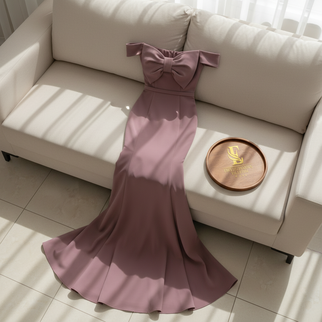 Vestido Sirena Mauve Off-Shoulder con Lazo Estructurado y Cola cod.425