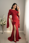 Vestido Largo Rojo Sirena Escote Bote Capa Drapeada  cod.V1002