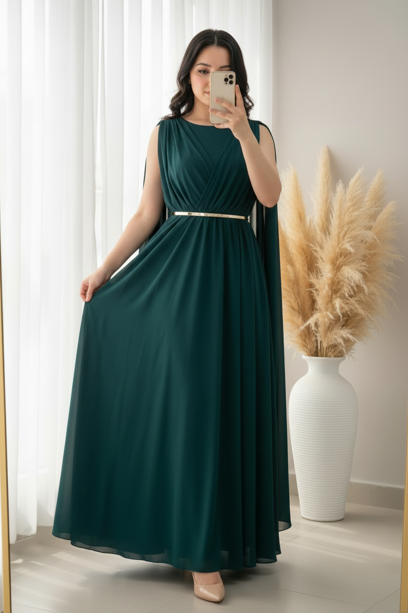 Vestido Esmeralda Chiffon Sin Mangas con Capa cod.0093