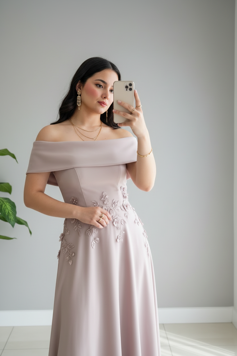 Vestido Rosa Palo Off-Shoulder con Apliques Florales cod.437