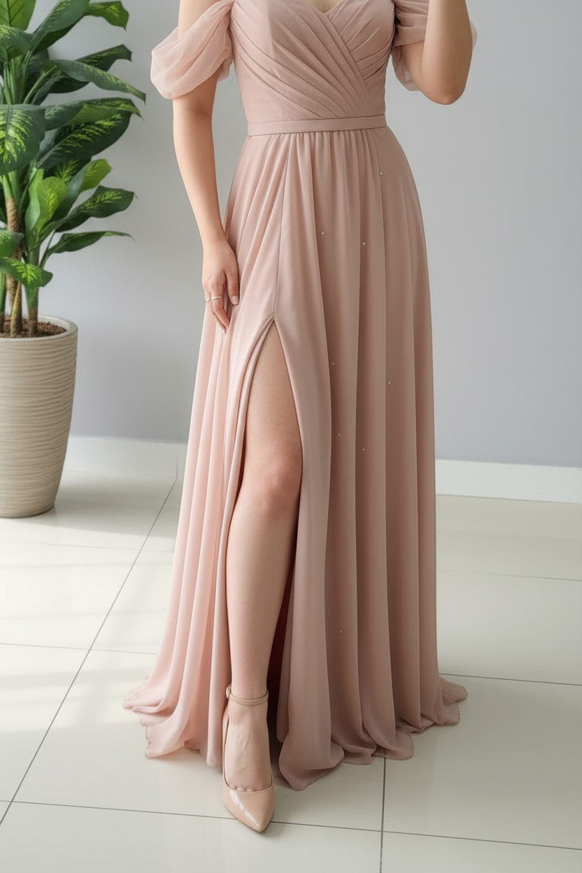 Vestido Rosa Blush Off-Shoulder con Mangas Globo y Abertura Lateral cod.373