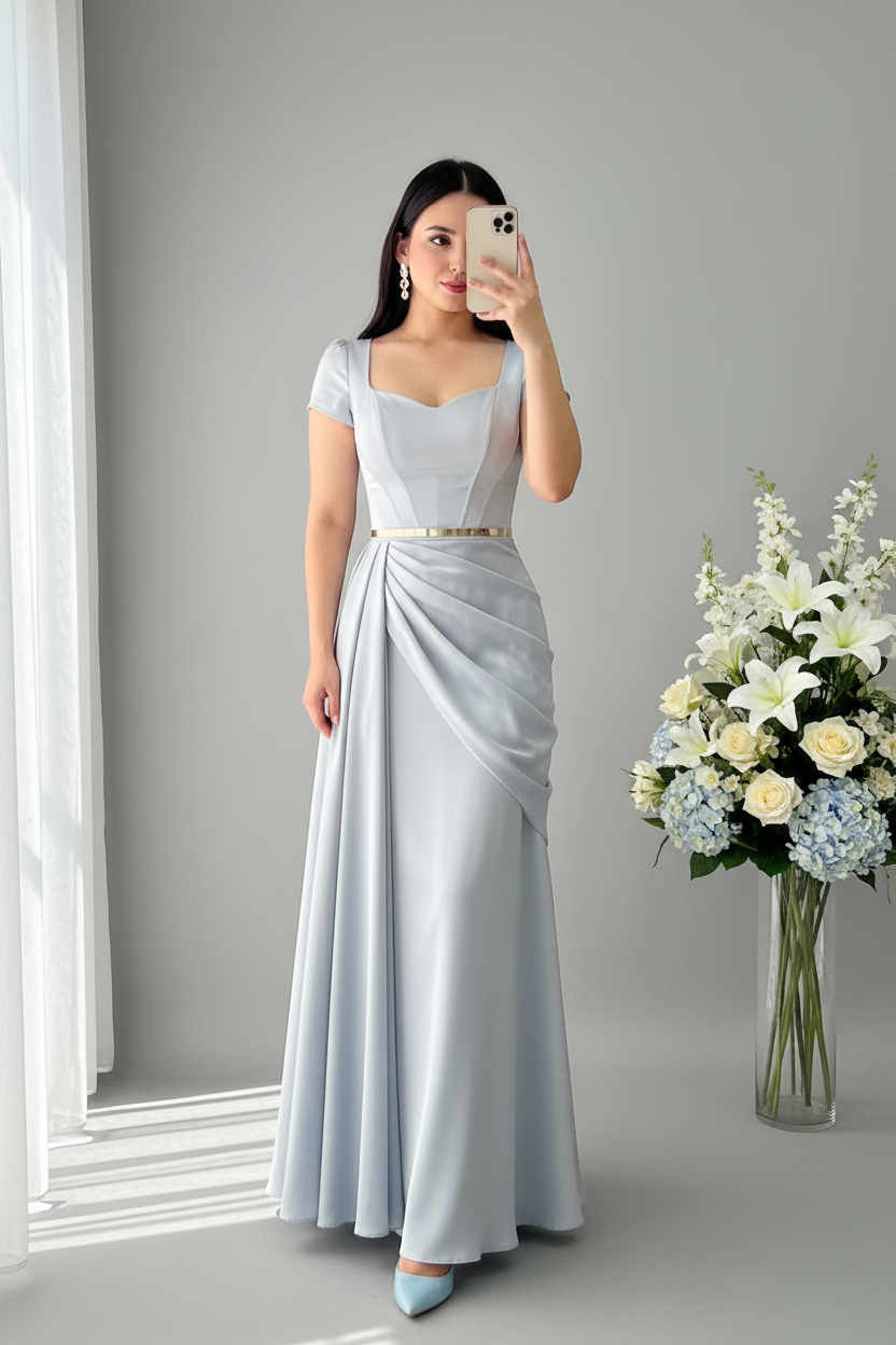 Vestido Azul Hielo Satén Manga Corta Cuello Cuadrado Cinturón Dorado Drapeado cod.V0038