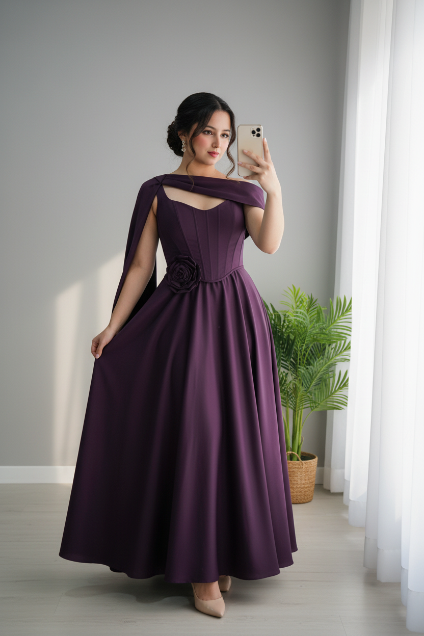 Vestido Morado Ciruela Falda Amplia con Capa cod.715