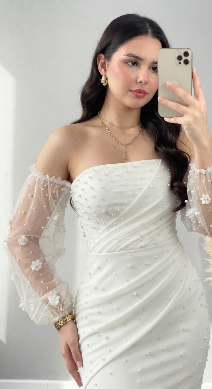 Vestido Sirena Blanco con Perlas Dispersas y Mangas de Tul Floral cod.V819
