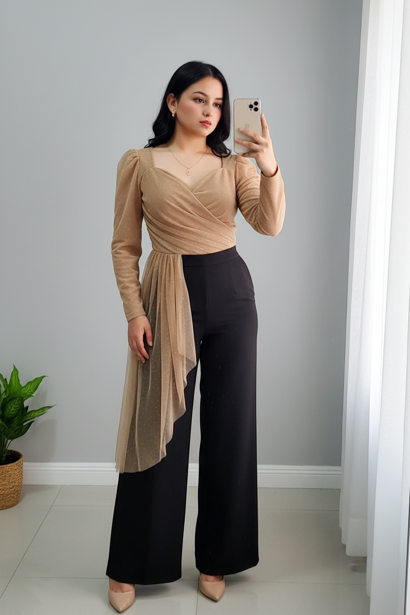 Conjunto Top Tul Dorado Cruzado Manga Abullonada y Pantalón Palazzo Negro  cod.738