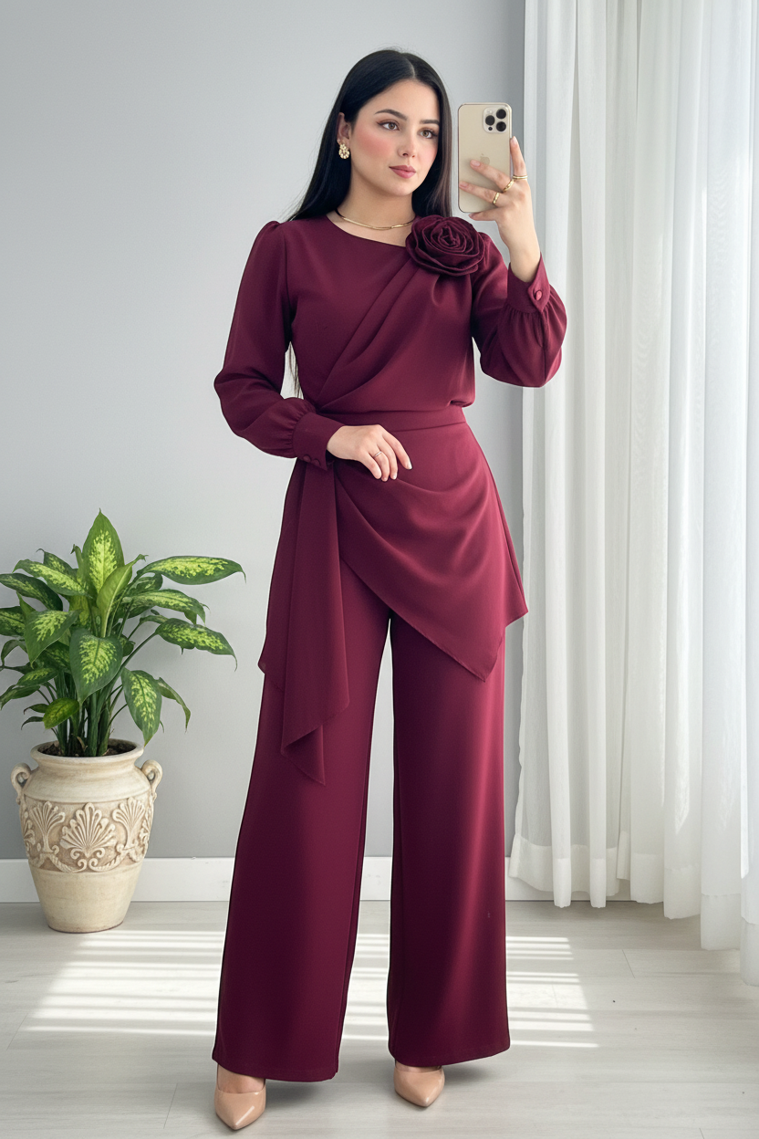 Conjunto Vino — Blusa Rosa & Falda Drapeada con Palazzo cod.0031