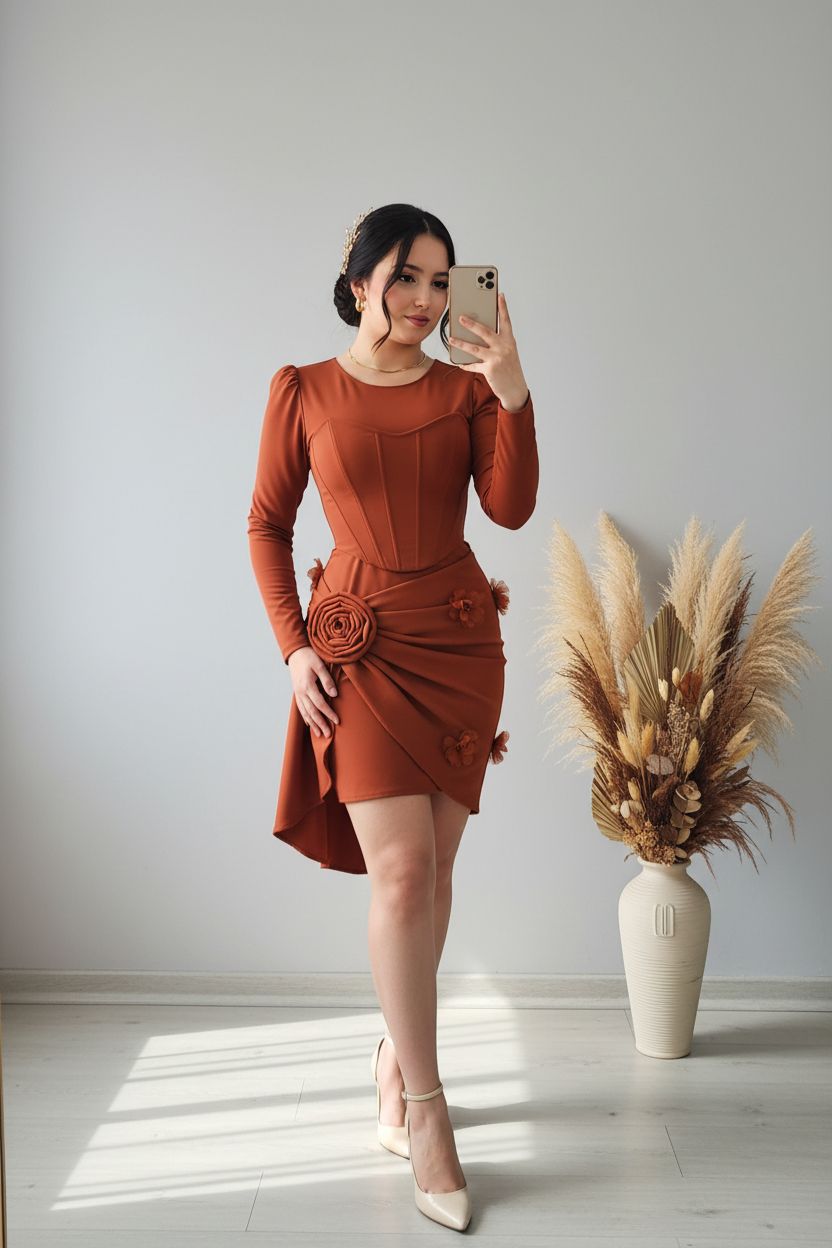 Vestido Corset Terracota Rosa 3D