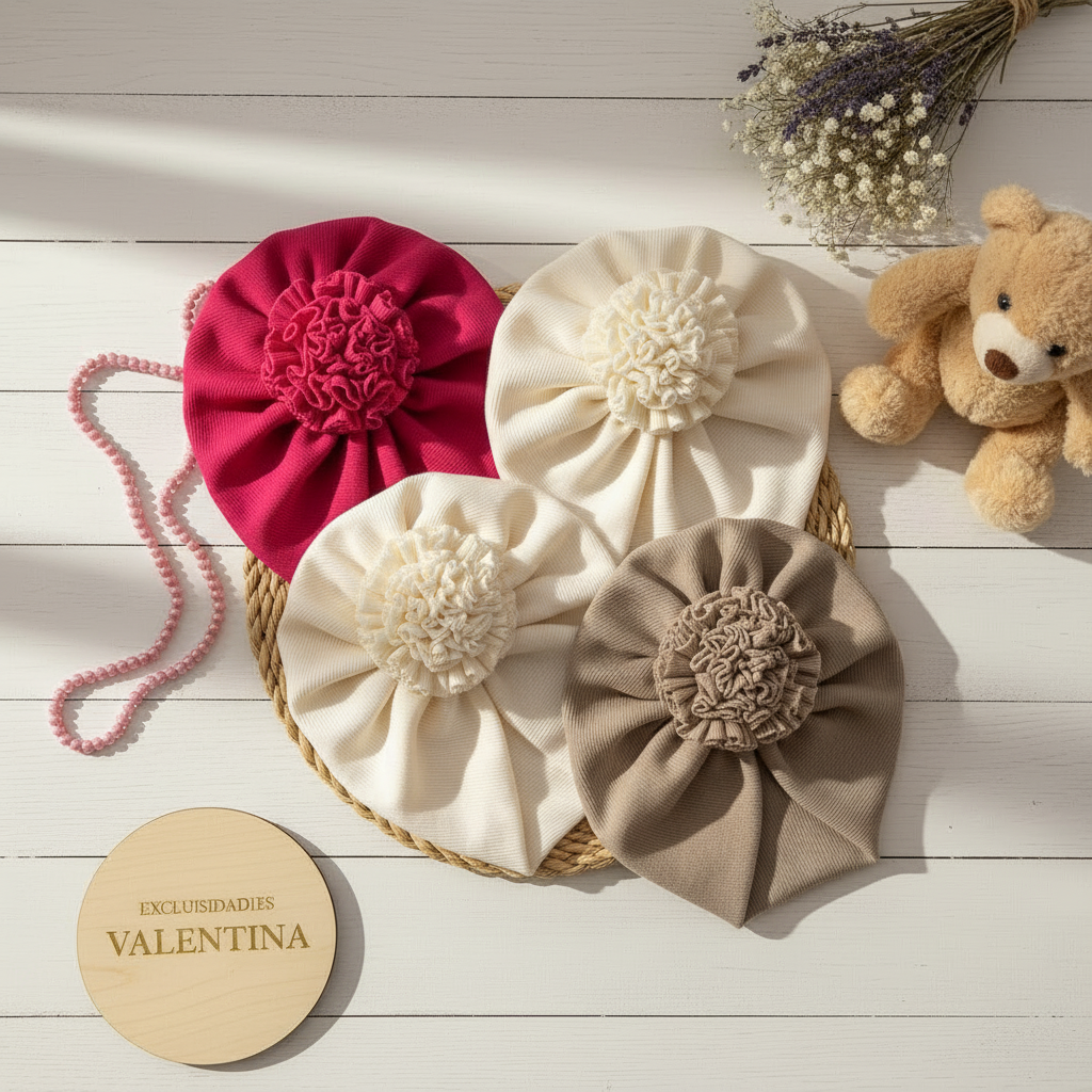 Gorrita turbante de flor, en tela de algodón cod. 65