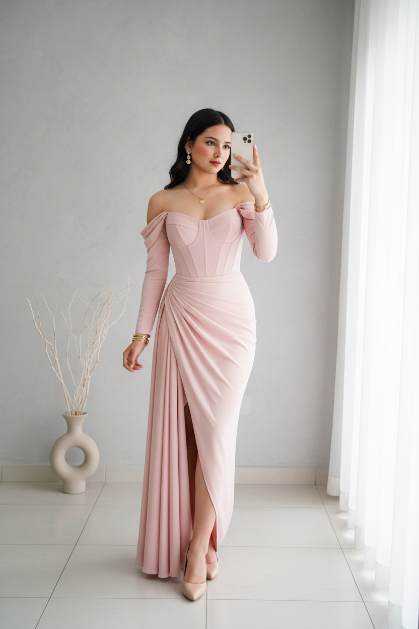 Vestido Rosa Palo Off-Shoulder Manga Larga con Corset y Drapeado cod.V532