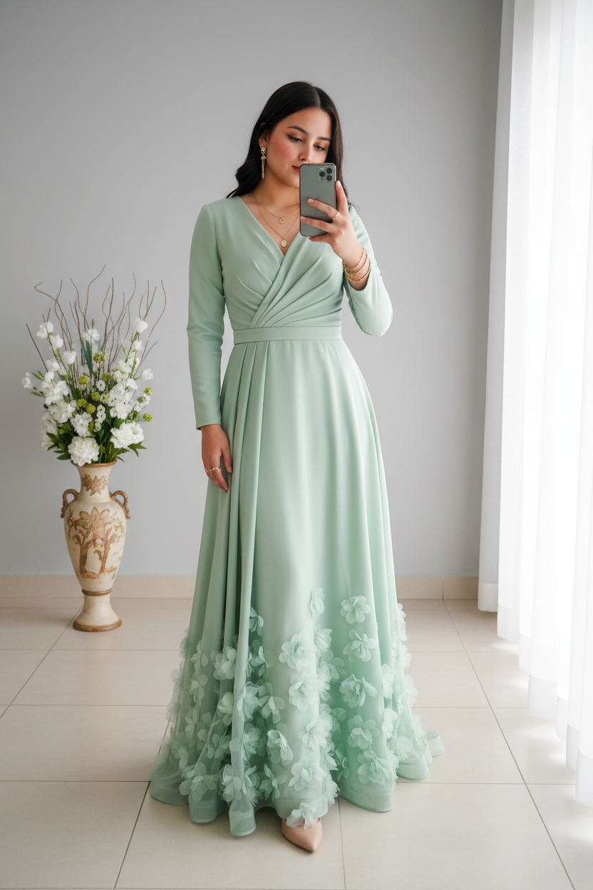 Vestido Verde Menta Manga Larga Escote V con Flores 3D en Ruedo cod.V538