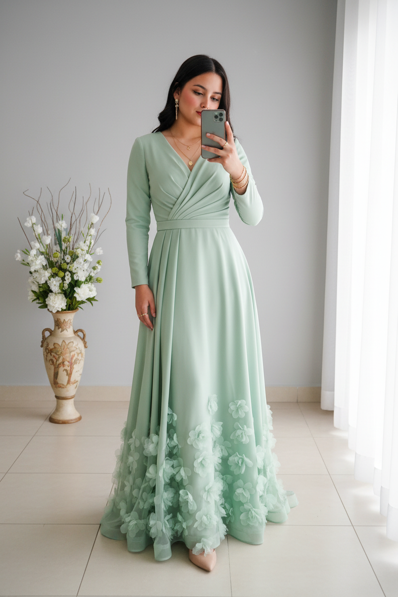 Vestido Verde Menta Manga Larga Escote V con Flores 3D en Ruedo cod.V538