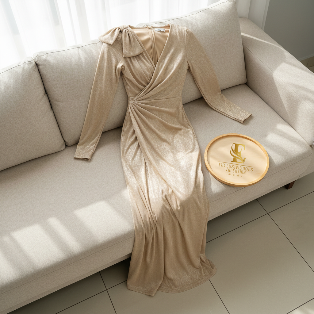 Vestido Dorado Metálico con Escote V Cruzado, Lazo en el Hombro y Abertura Lateral cod.377