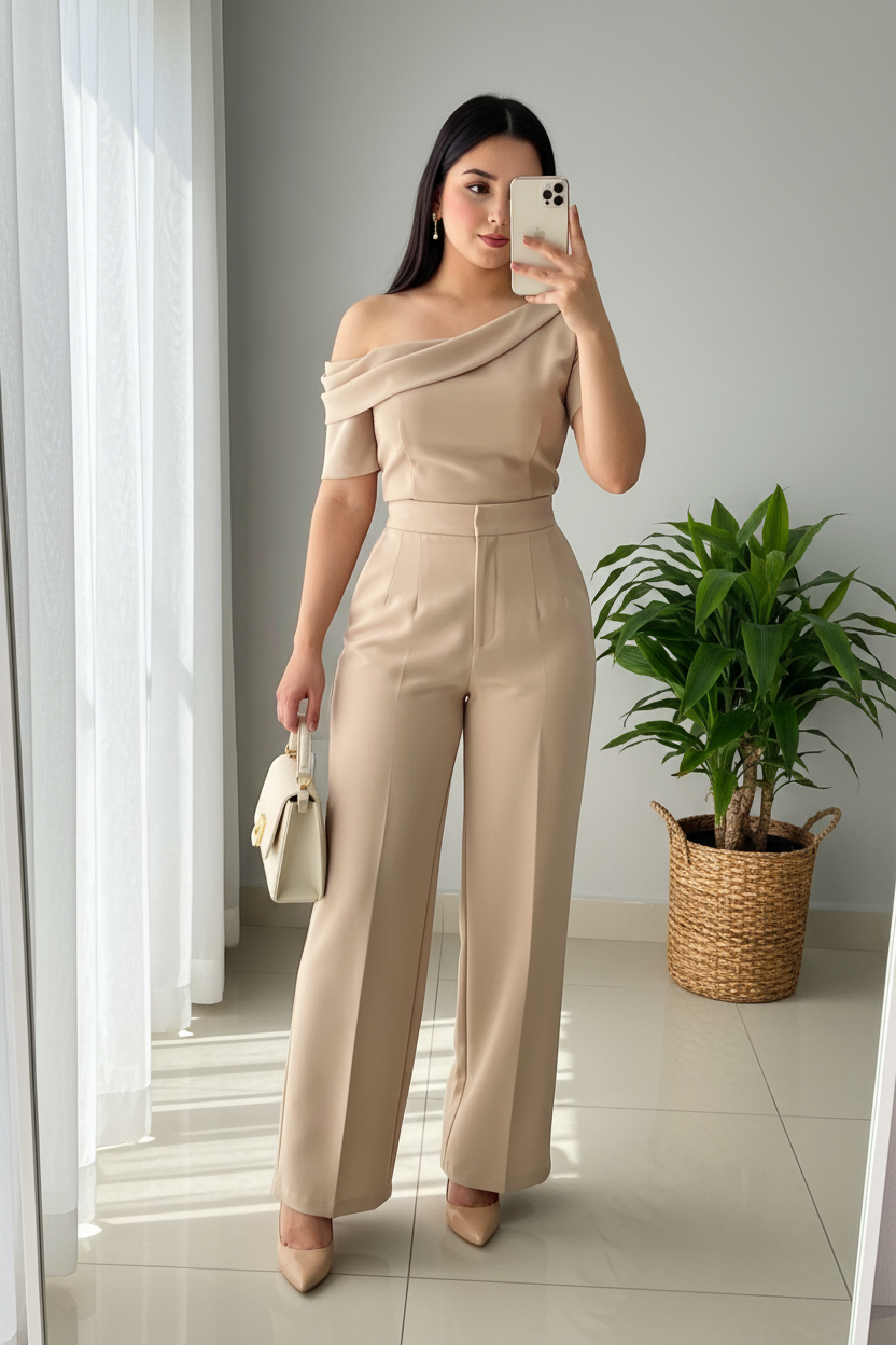 Conjunto 2 Piezas Beige Champagne Top One-Shoulder Drapeado y Palazzo cod.00142