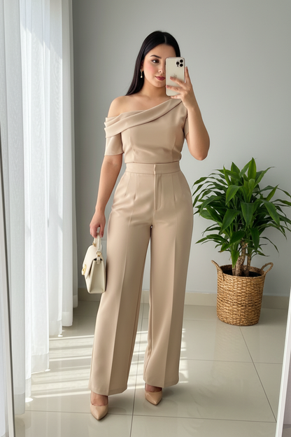Conjunto 2 Piezas Beige Champagne Top One-Shoulder Drapeado y Palazzo cod.00142