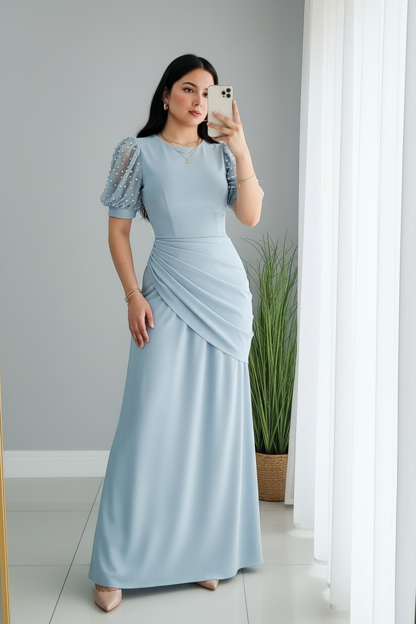 Vestido Pearl Blue – Gown Azul Cielo Mangas Puff de Perlas & Drapeado Griego cod.688