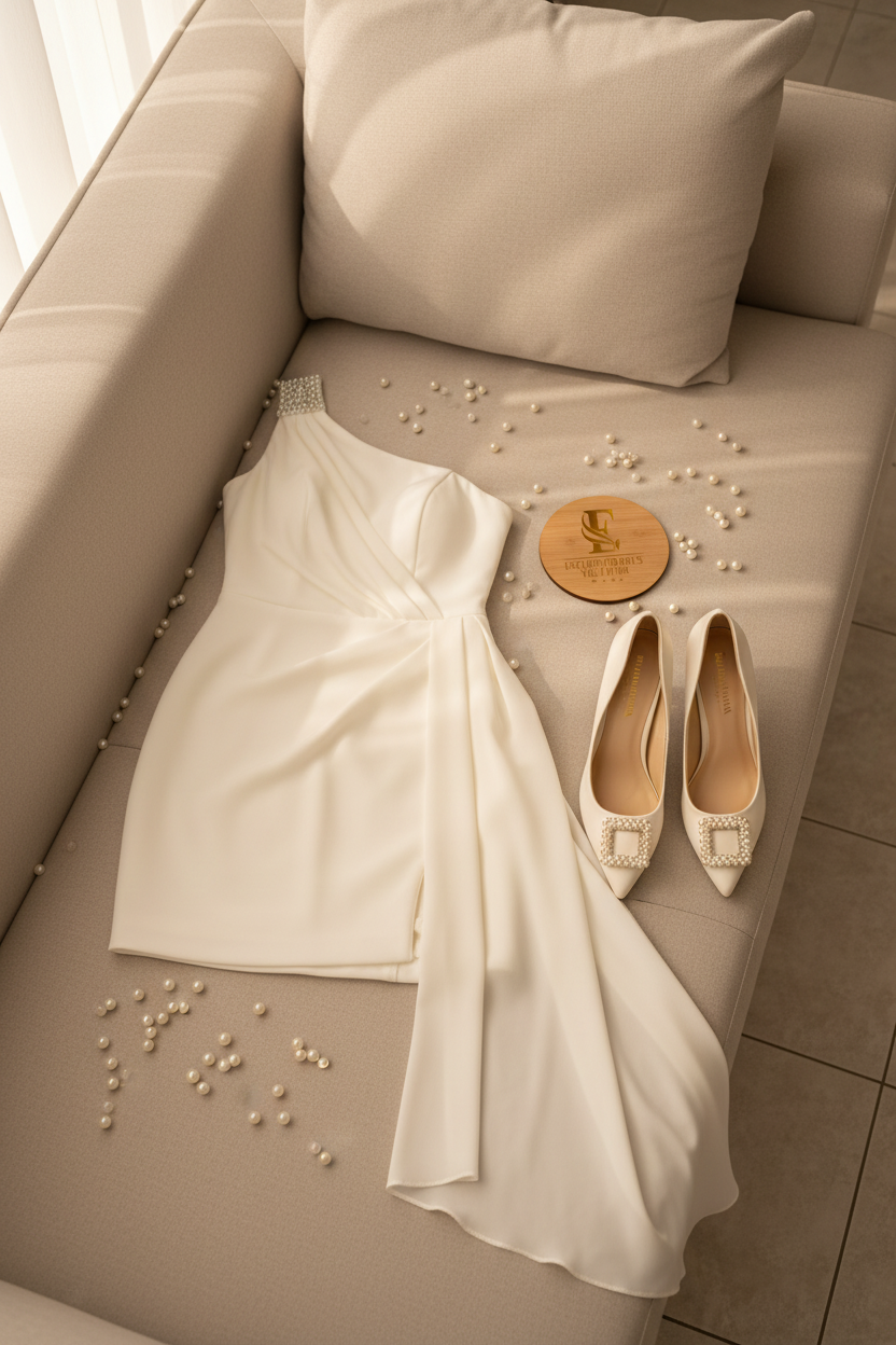 Vestido Blanco Mini Un Hombro con Perlas y Cola de Chifón cod.484