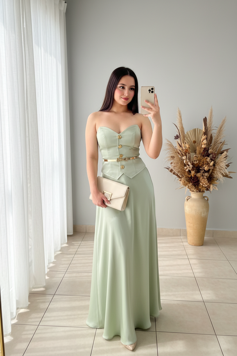 Conjunto Verde Menta | Top Corsé Strapless Botones Dorados y Falda Maxi  cod.C511