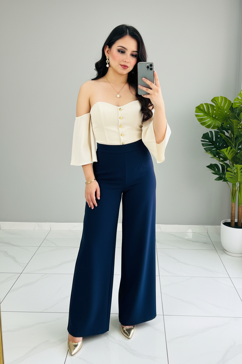 Conjunto Cream Off-Shoulder Gold & Navy cod.569