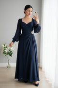 Vestido azul marino manga larga gasa C.1929